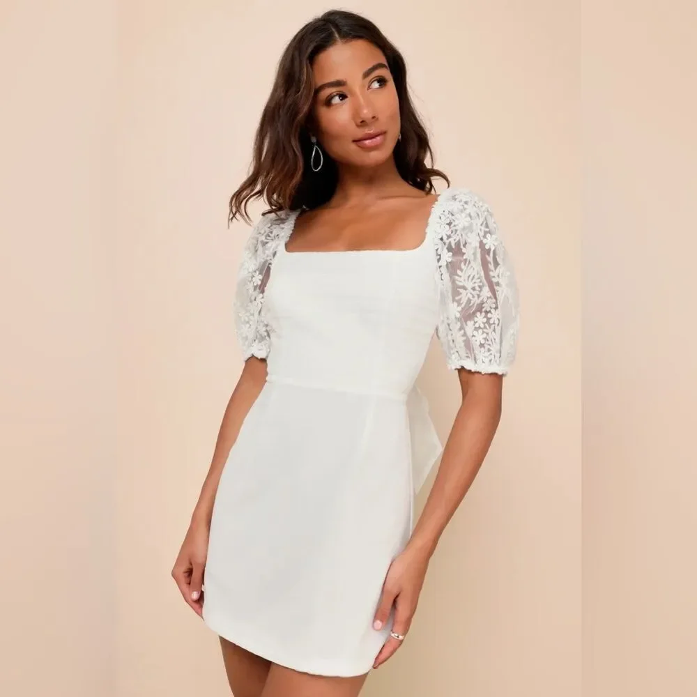 Lulus Charming Potential White Organza Backless‎ Puff Sleeve Mini Dress
